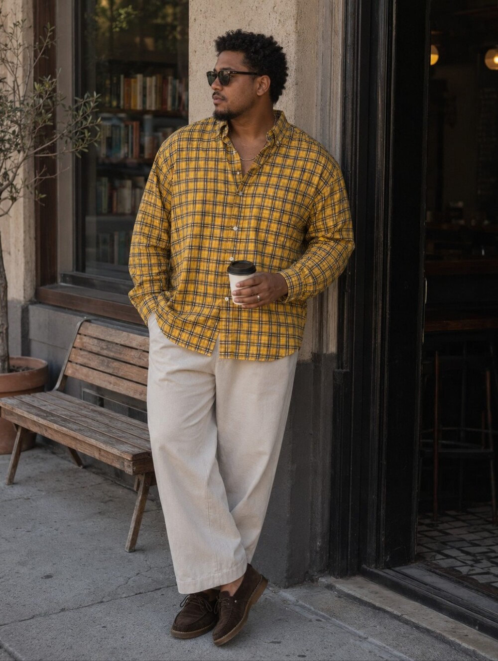 Old Navy Men’s Yellow Plaid Slim Fit Button Down Stretch Shirt Large NWT
